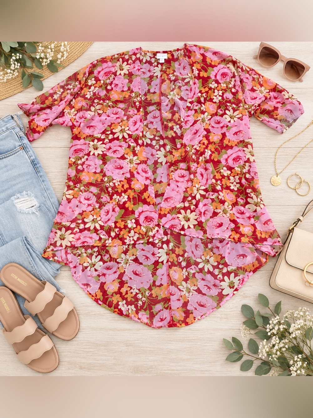LuLaRoe Lindsey Pink Red Floral Kimono Cardigan Women’s Small Boho High Low